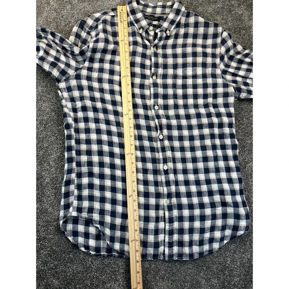 Banana Republic Shirt Mens S Camden Fit Button Down Linen Long Sleeve Plaid Blue